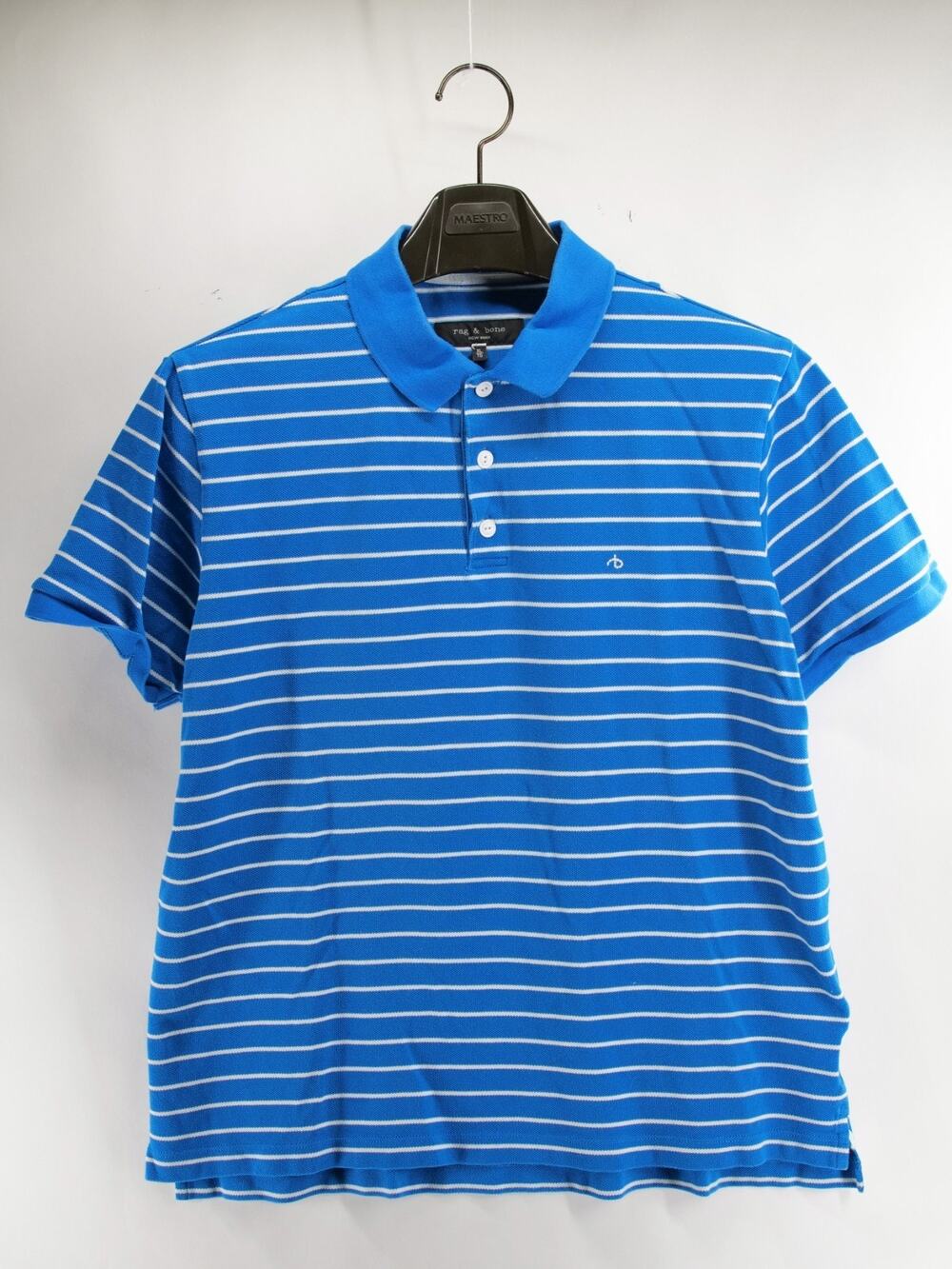 Rag & Bone Polo Shirt Mens XL Blue White Stripe Pique Short Sleeve Embroidered